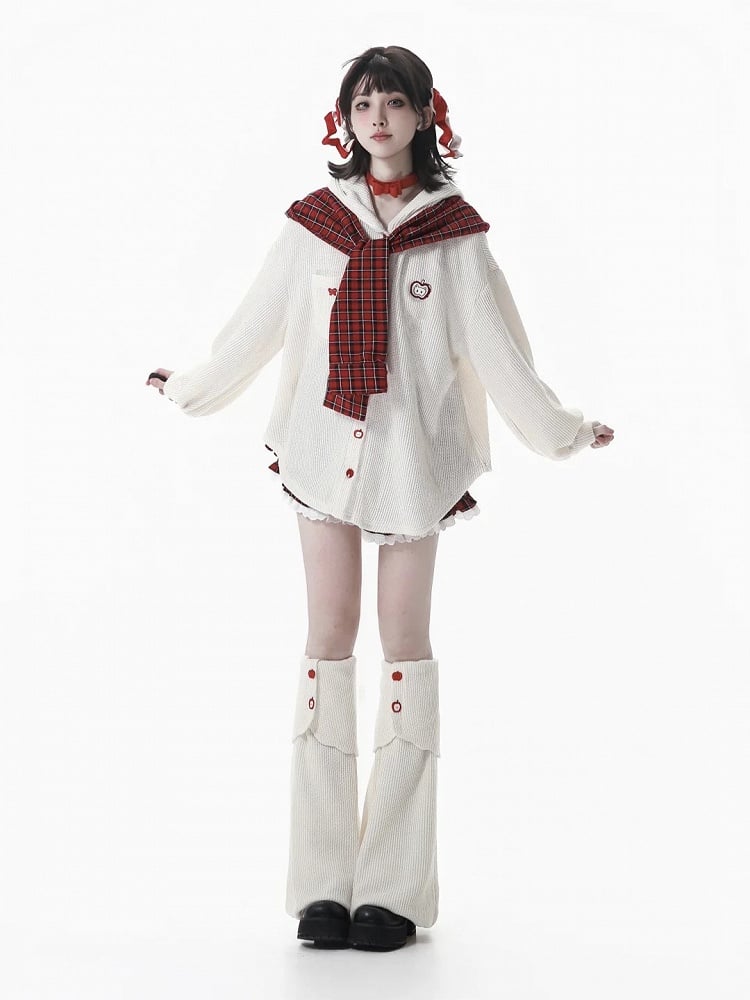 White Knit Leg Warmers with Adorable Apple Button Accents