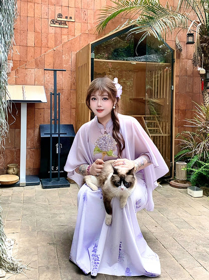 Plus Size Cheongsam Style Cape Design Purple Wisteria Print Qipao Dress