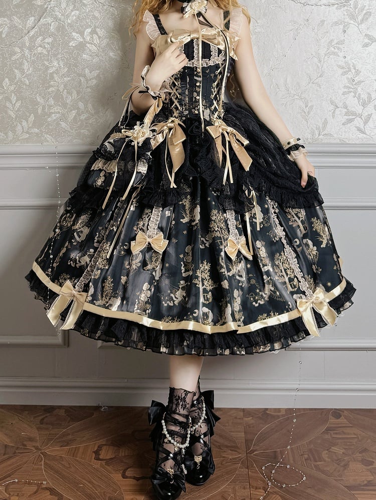 Black and Gold Corset Waist Drawstring Overlay Skirt Lolita Jumper Skirt