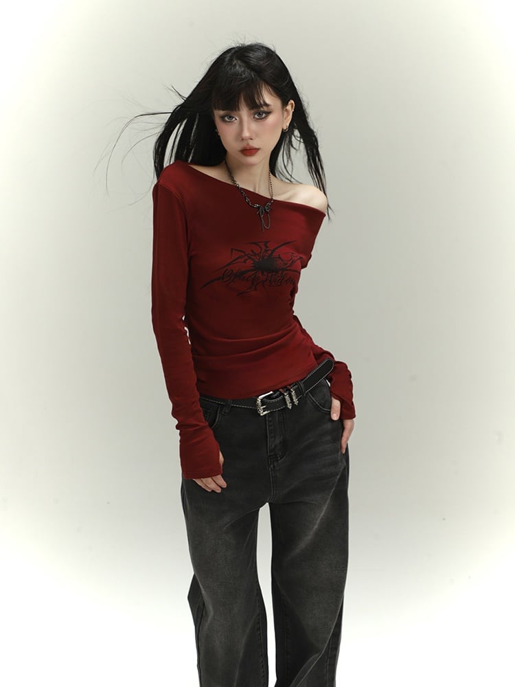 Wine Red Asymmetrical Neckline Spider Print Glamorous Slim-fitting Top