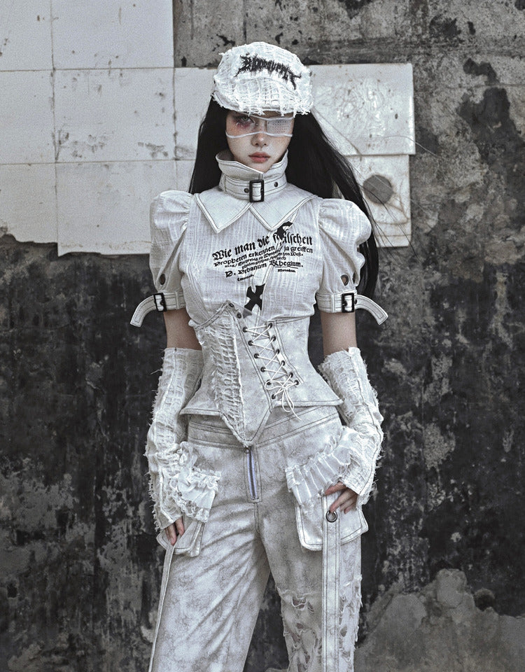 Grey Goth Letters Print Punk Shirt with Detachable Buckle Collar