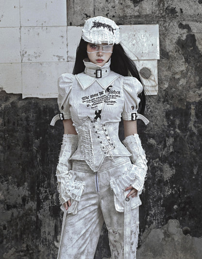 Grey Goth Letters Print Punk Shirt with Detachable Buckle Collar