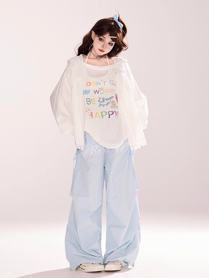 Blue Bowknot Embroidery White Lace Trim Front Button Placket Hooded Jacket