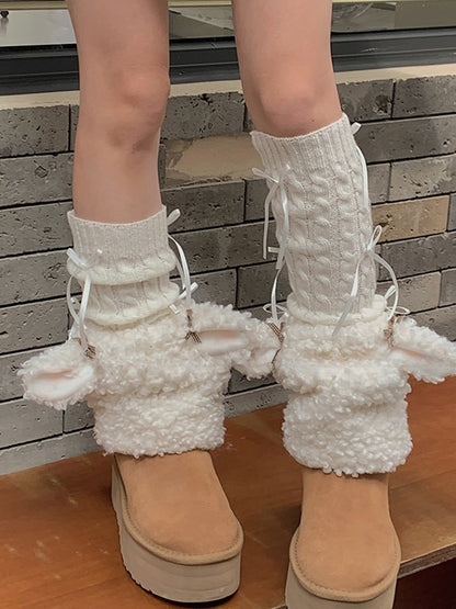 White Sweet Bowknot Knitted Leg Warmers