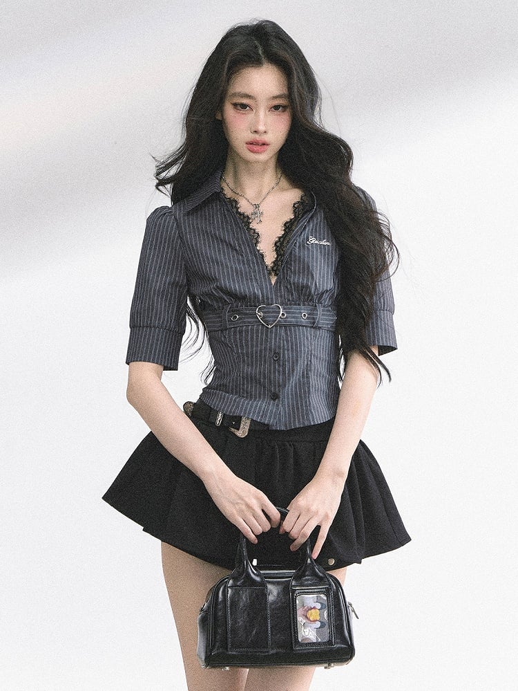 Black Stripes/White V-neck Heart Buckle Strap Short Sleeves Shirt