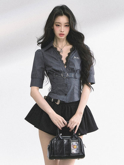 Black Stripes/White V-neck Heart Buckle Strap Short Sleeves Shirt