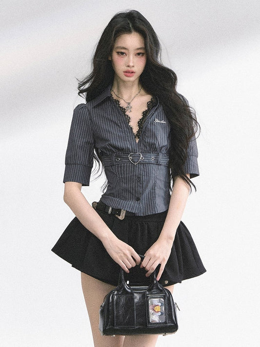 Black Stripes/White V-neck Heart Buckle Strap Short Sleeves Shirt