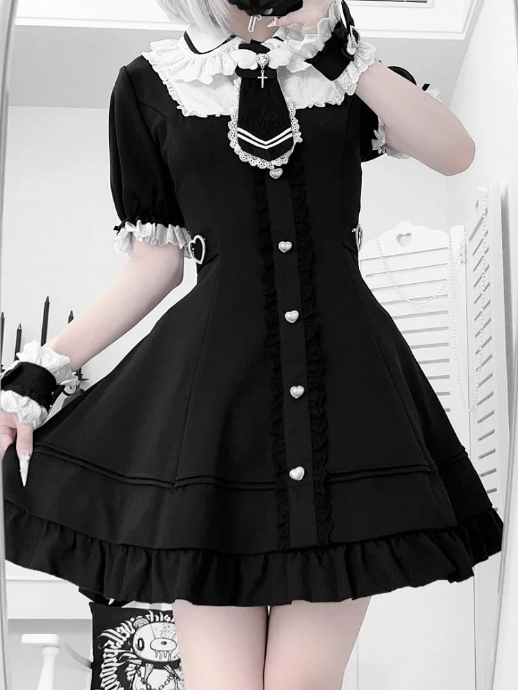Plus Size Available Black Jirai Kei Set- Lace Trim Dress + Shorts + Tie + Wrist Cuffs