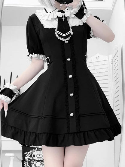 Plus Size Available Black Jirai Kei Set- Lace Trim Dress + Shorts + Tie + Wrist Cuffs