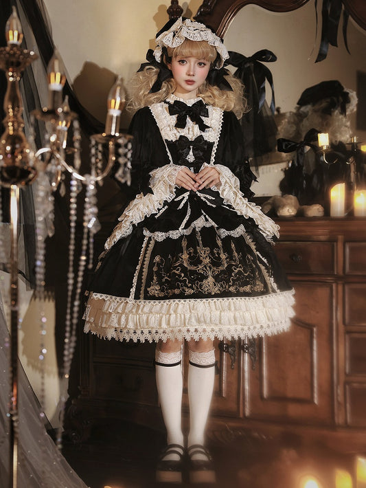 Candle and Candlestick Embroidery Black Bell Sleeves Velvet Dress Lolita OP / Set
