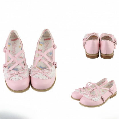 Pink Crisscross Design Lace Trim Bow at Top Lolita Shoes
