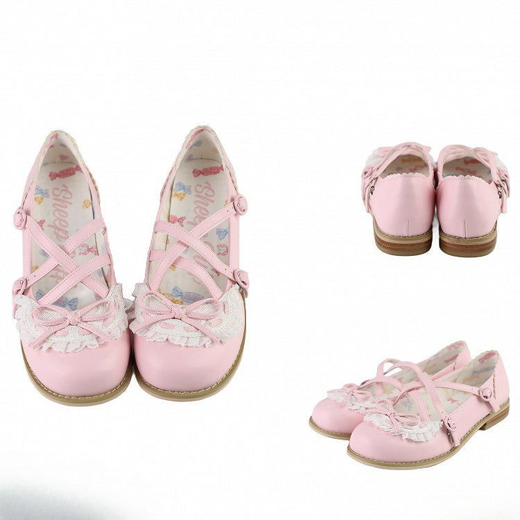Pink Crisscross Design Lace Trim Bow at Top Lolita Shoes