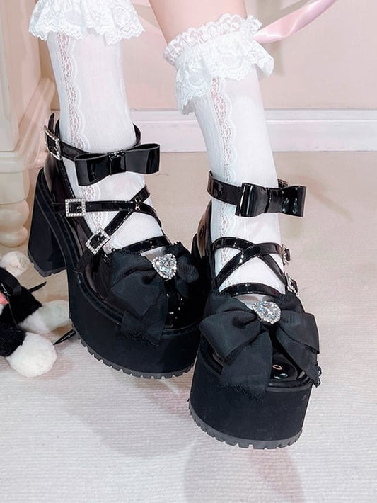 Black Rhinestone Bowknot Jirai Kei Platform High Heels