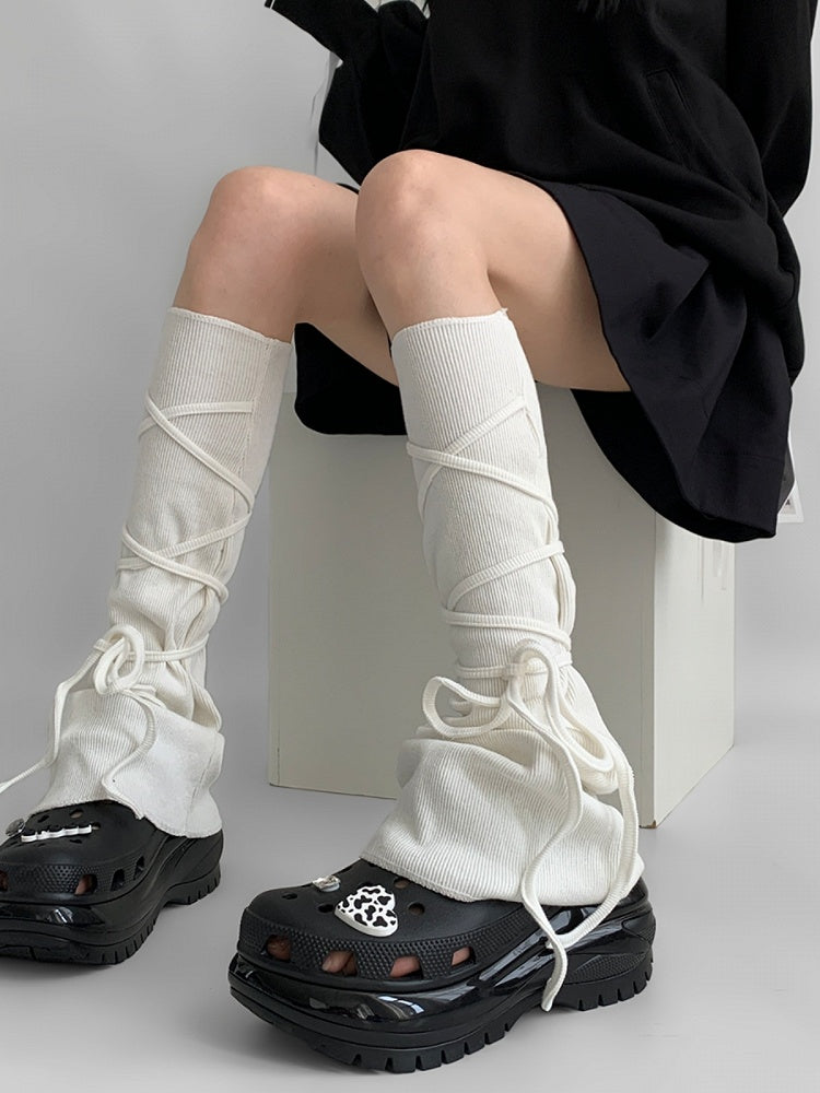 Self-tie Straps Gray/White Flared Leg Warmers