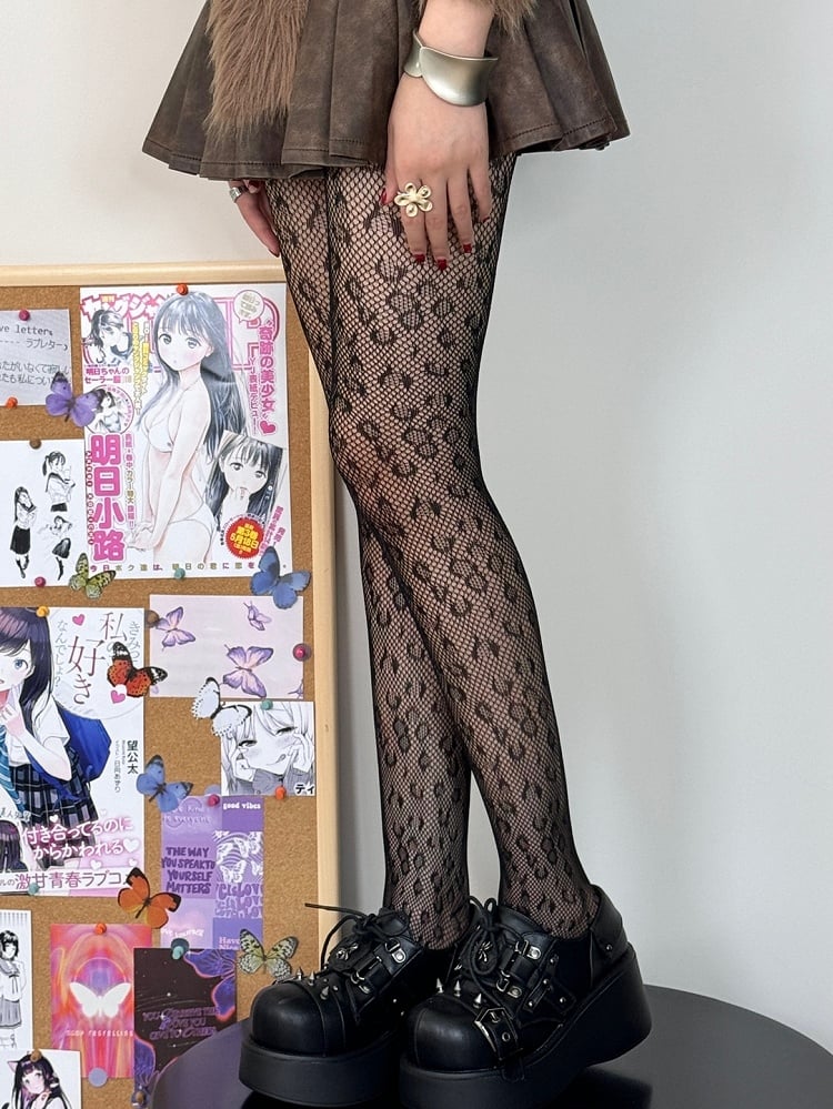 Black Y2K Leopard Pattern Tights