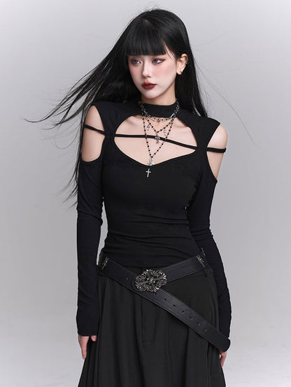 Black Crew Neck Cutout Shoulder Cross Embellished Top