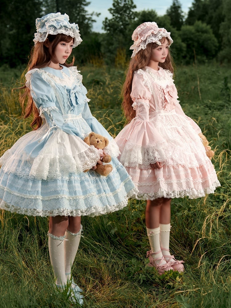 Baby Blue Lace Trims Cotton Dress Old School Lolita OP Full Set
