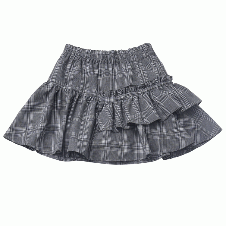 Gray Elastic Waist Tiered Plaid Skirt