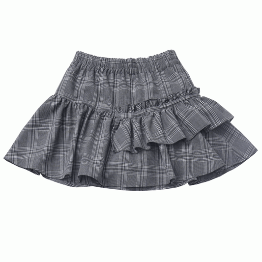 Gray Elastic Waist Tiered Plaid Skirt