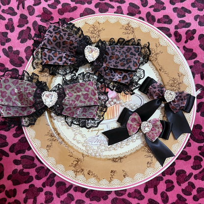 Two Black&Dark/Light Pink Rhinestone Heart Decorated Bead Chain Bowknot Hairclips