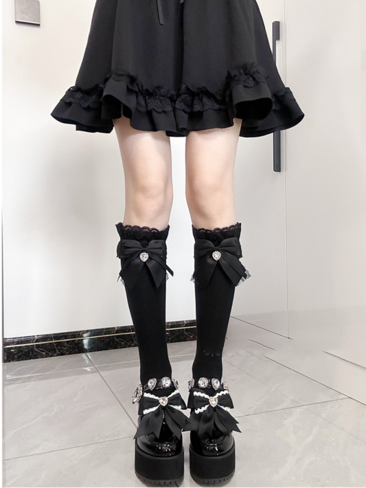 Black Bow Detail Front Heart Rhinestone Jirai Kei Under Knee Stockings