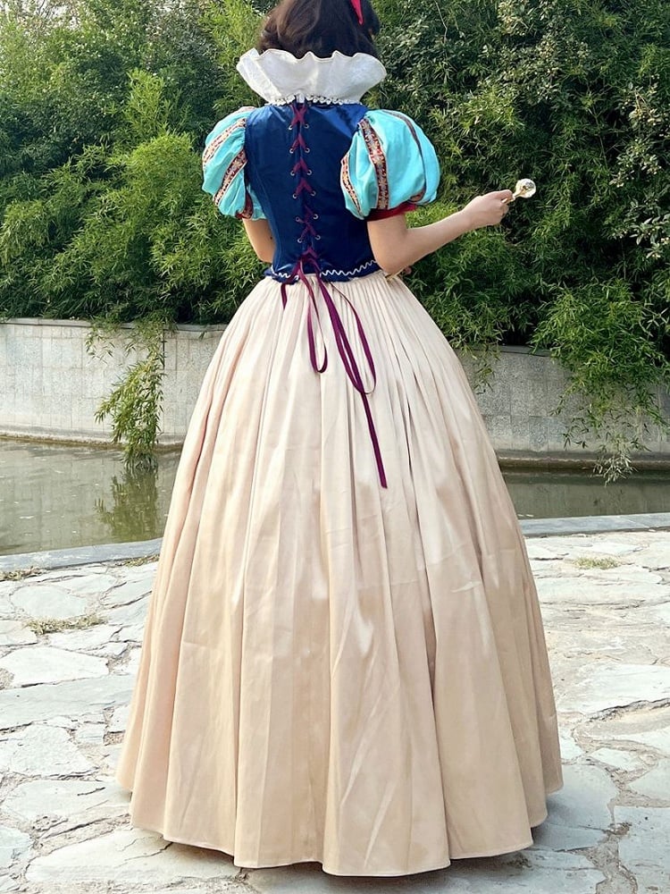 Snow White Full Set- Blue Boned Corset + Golden Skirt + Lace Collar + Red Bow Hairclip