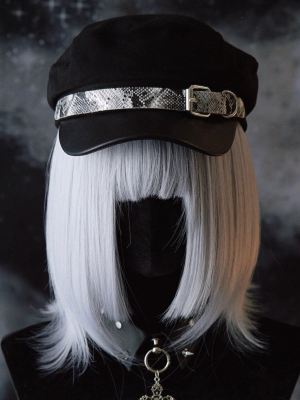 Black Gothic Snakeskin Pattern Buckle Design Beret Hat
