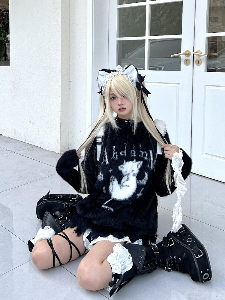 Black/White Plush Sweater with Devil Kitten Design and Distress Trim