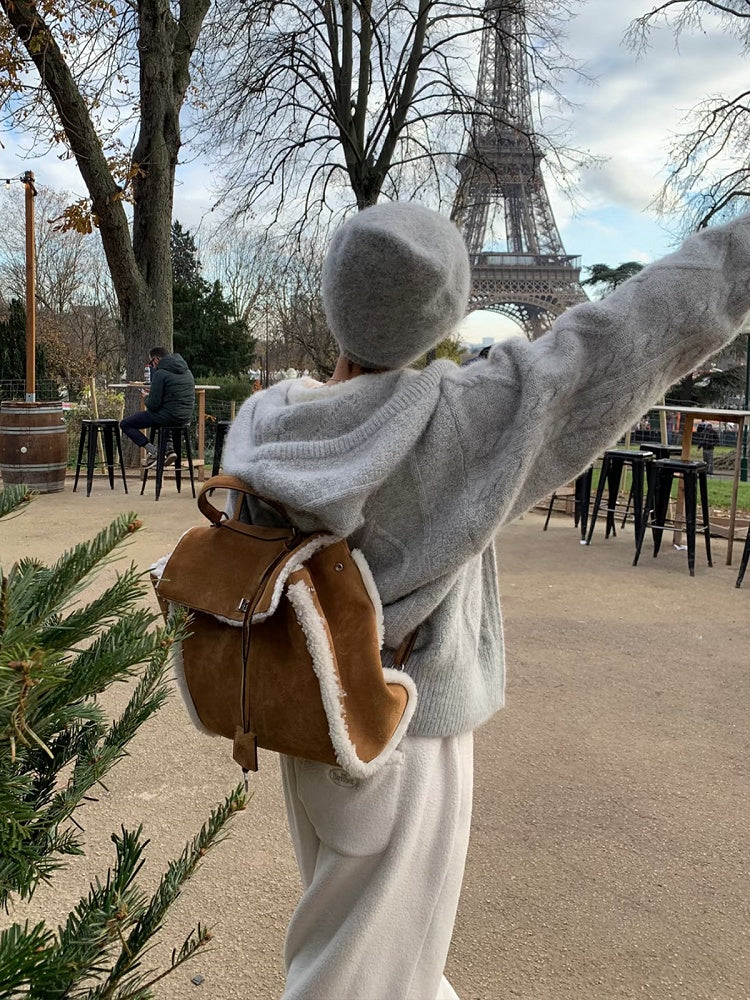 Vintage Brown Plush Patchwork Backpack - Perfect for Fall and Winter