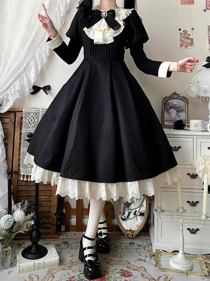 Black and Beige Juliette Sleeves Lolita Dress + Maid Apron Set