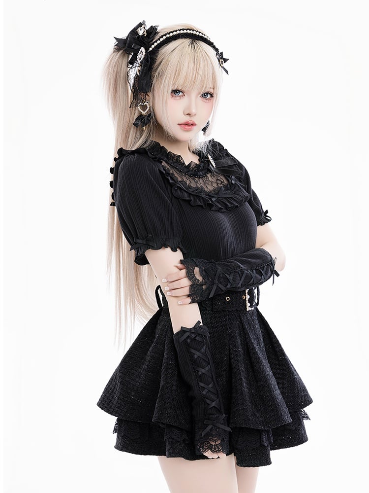 Jirai Kei Bowknots and Beads Decorated Illusion Neckline Black Blouse with Free Armwear
