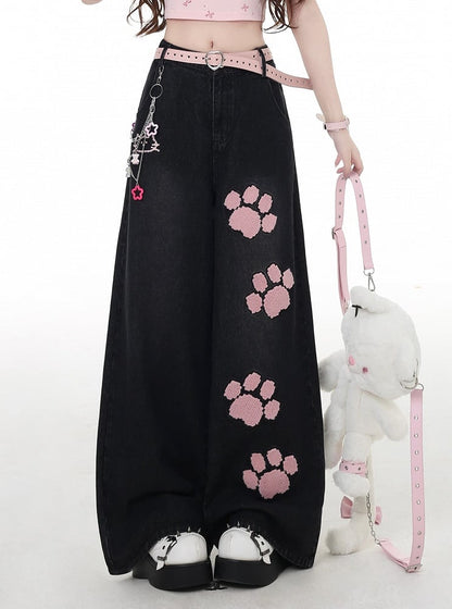Pink Paw Embroidery Black Low Waist Straight-Leg Jeans