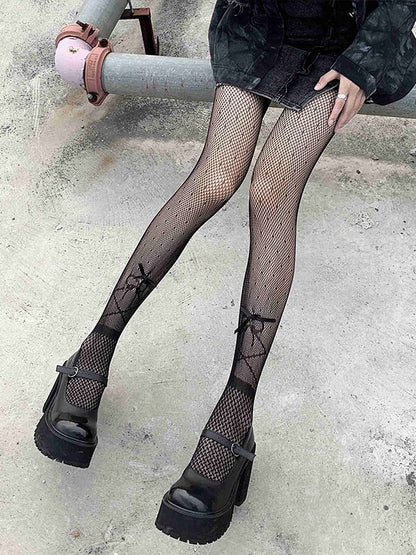 Bowknot Details Black/White Punk Fishnet Tights