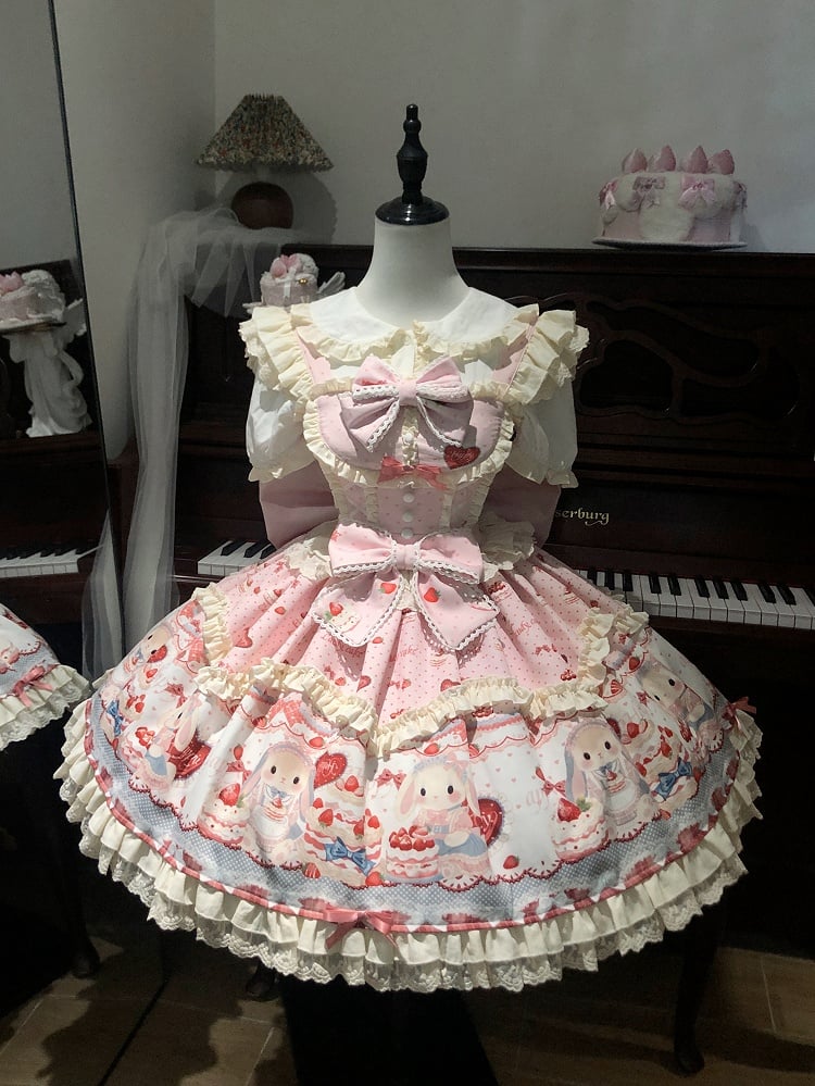 Cute Bunny and Strawberry Cake Print Pink Dress Sweet Lolita JSK / Full Set