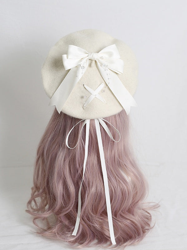 Cute Lolita Off-White Beret With 6-Color Optional Bowknot Ribbon