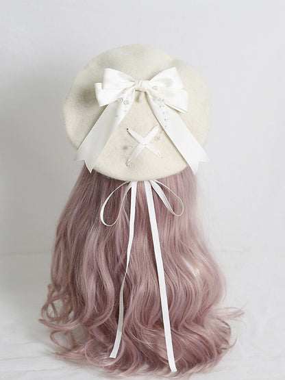 Cute Lolita Off-White Beret With 6-Color Optional Bowknot Ribbon