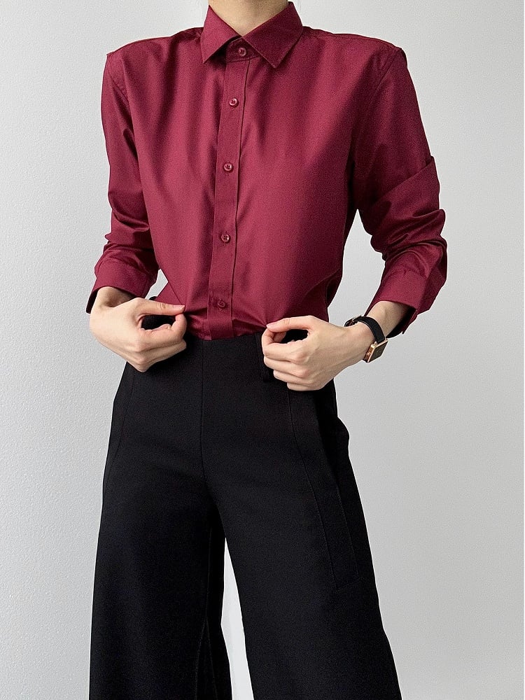 Ouji Lolita Wine Red Pointed Collar Unisex Shirt with Button Front & Cuff