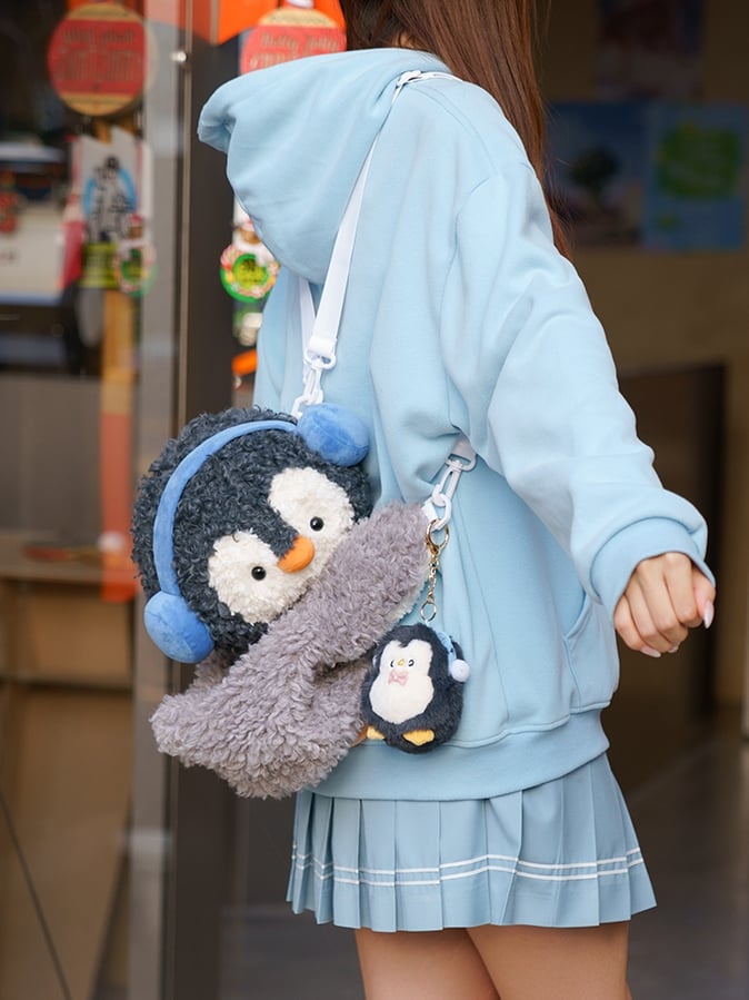 Gray Cute Penguin Plush Backpack/Crossbody Bag + Keychain