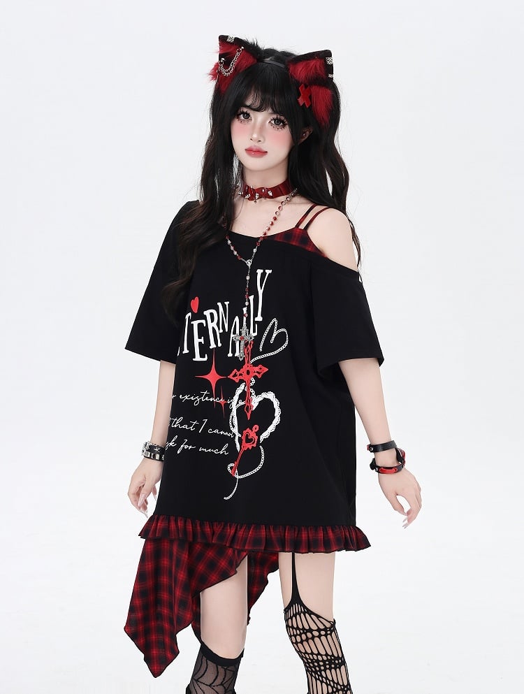 Asymmetrical Red/Purple Plaid Hem Black Punk Rock Graphic T-Shirt