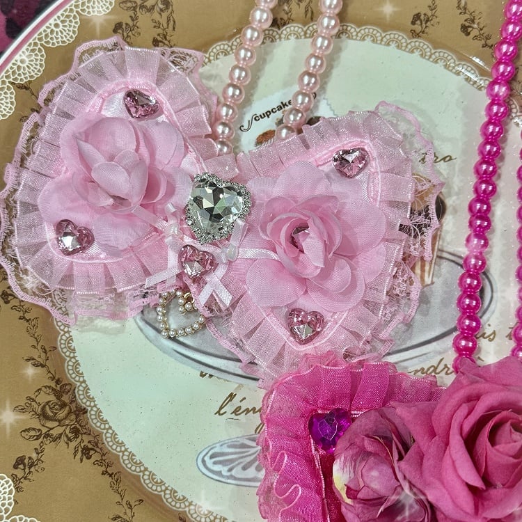 Light/Dark Pink Rhinestone Decorated Lace Trim Bowknot Pendant Beaded Necklace