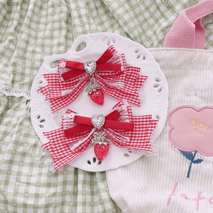 Sweet Lolita Strawberry Charm Heart Rhinestone Pink/Blue/Wine Red/Black Bow Hairclips