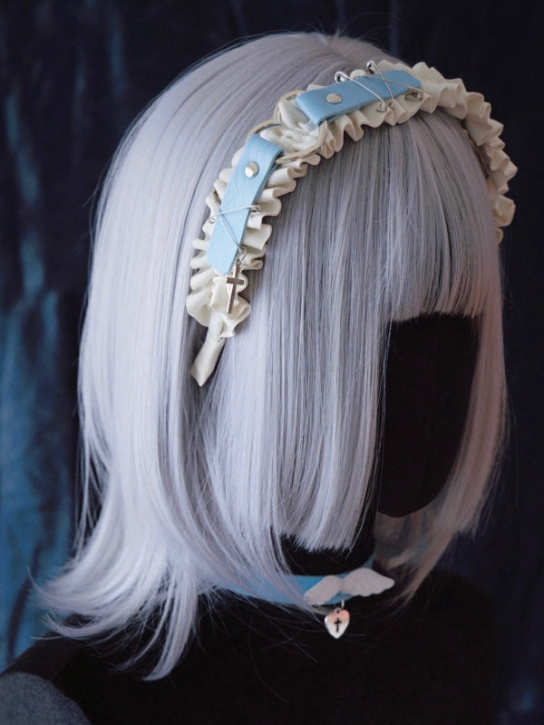 Heart Design Blue and White Cross Charm Ruffled KC with Pins