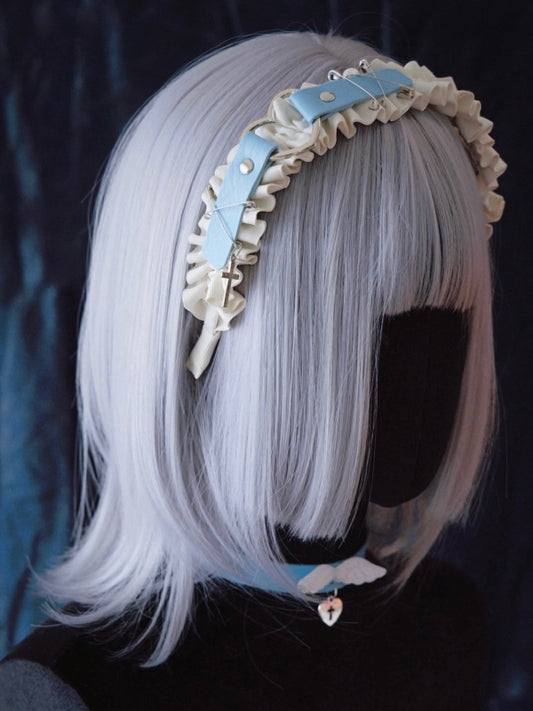 Heart Design Blue and White Cross Charm Ruffled KC with Pins