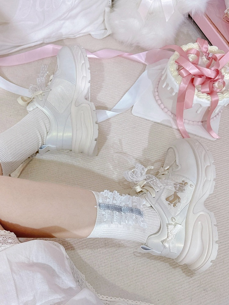 White Beaded Decorated Bowknot Details Front Lace-up Ties Sneakers