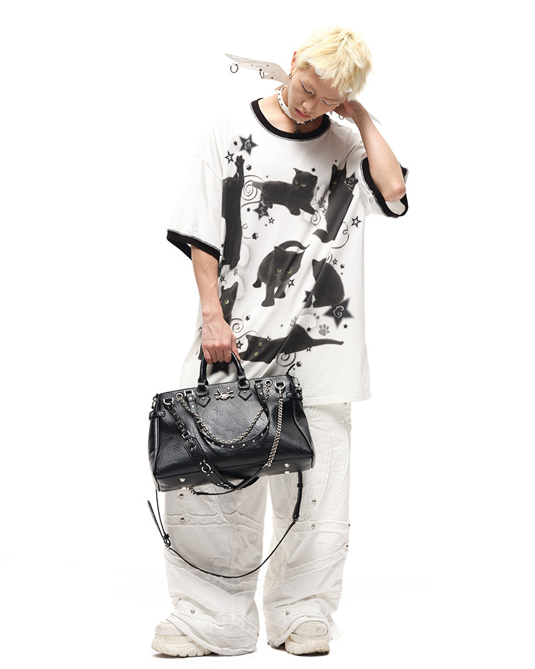 Black Stud Details Large Capacity PU Crossbody Tote Bag Multiple Shoulder Straps