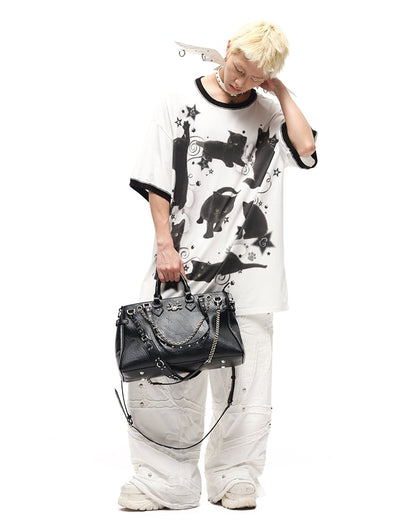 Black Stud Details Large Capacity PU Crossbody Tote Bag Multiple Shoulder Straps