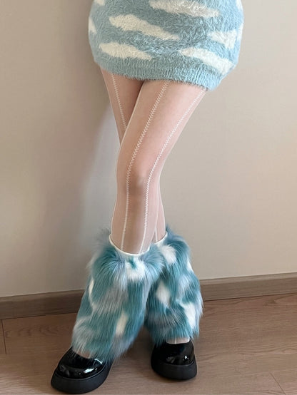 Green/White/Black Striped Pattern Ears Of Wheat Details Tights