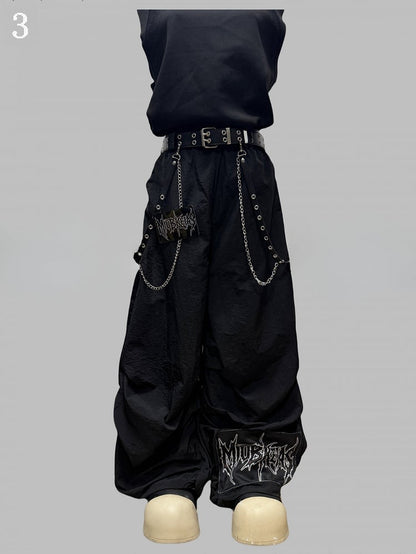 Black Letter Decorated Wide-leg Cut Pants
