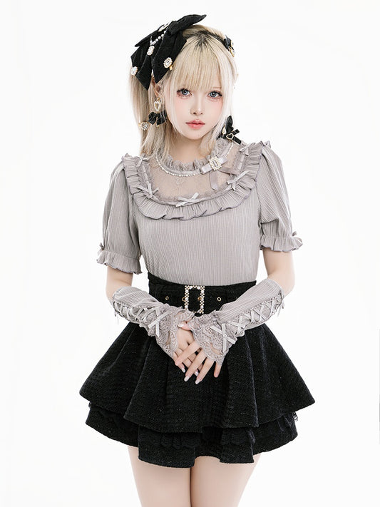 Jirai Kei Bowknots and Beads Decorated Illusion Neckline Gray Blouse with Free Armwear
