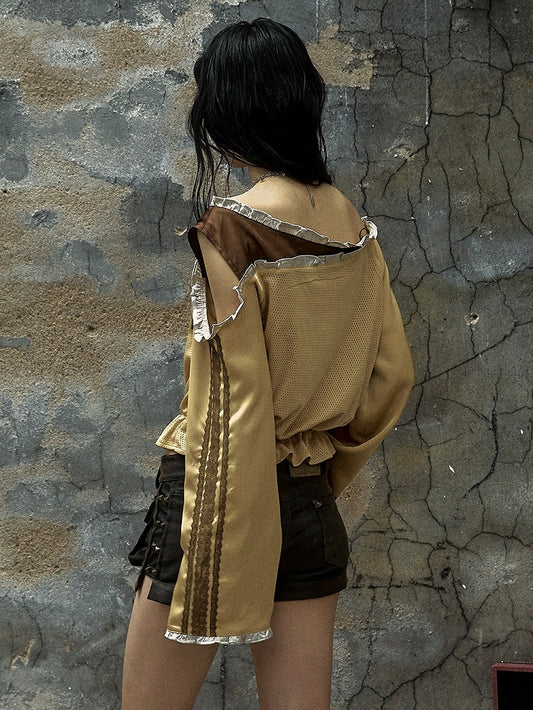 Yellow Asymmetrical Neckline Number Print Blokette Core Punk Top